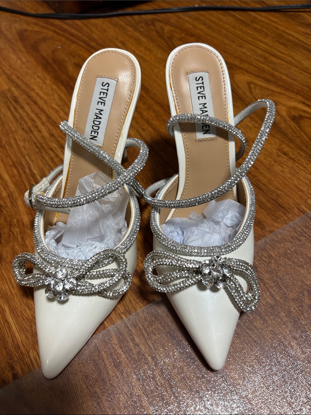 Steve Madden Ivory Pointed Crystal-Embellished Strappy Mules